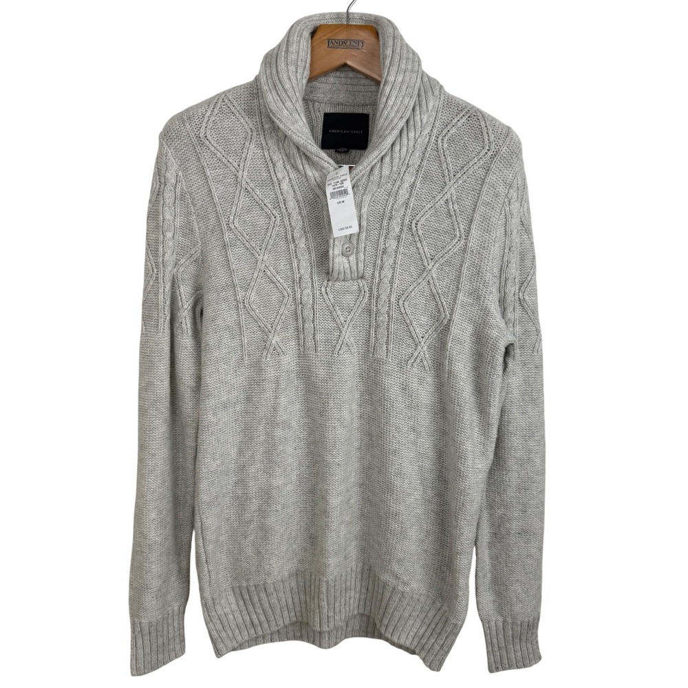 NWT American Eagle Womens Gray Cable Knit Shawl Collar‎ Pullover Sweater Medium